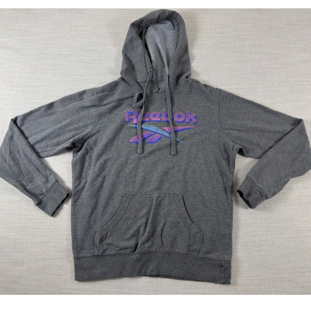 Reebok Mens Pullover Hoodie Charcoal Gray Retro Logo Graphic Sweatshirt L